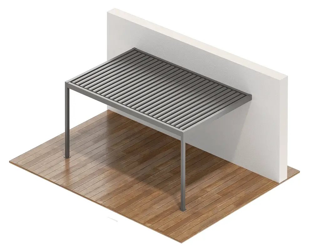 Wandmontierte Pergola SB 450 über einer Terrasse mit Holzdeck