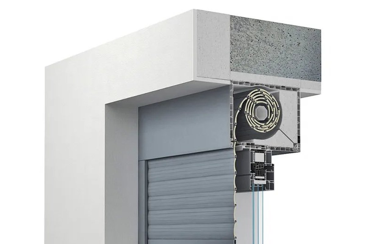 Aluprof SKT Opoterm built-on roller shutter above a window, manufacturer render