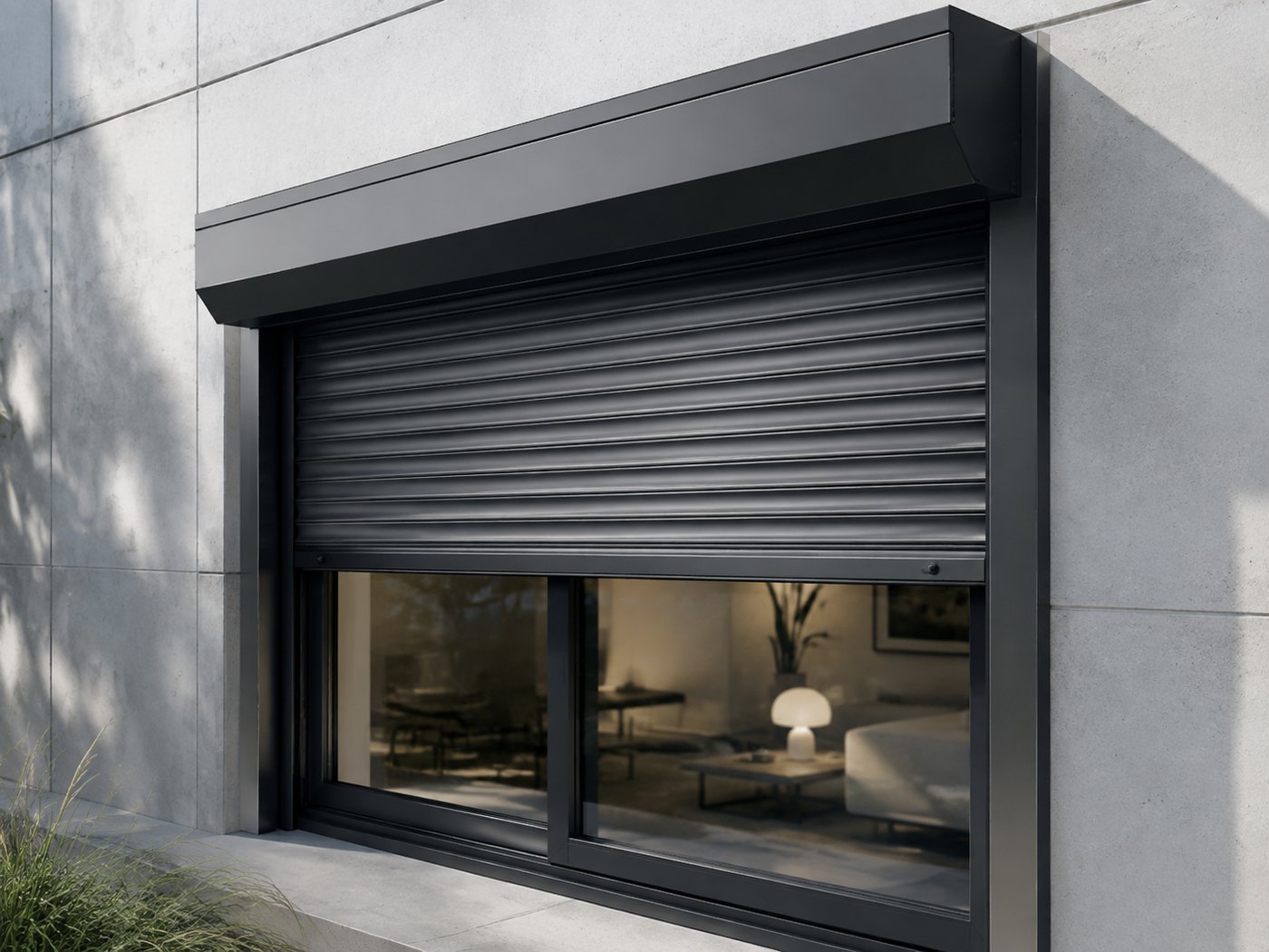 An Aluprof exterior security roller shutter in anthracite with a surface-mounted box on the panoramic window of a modern house