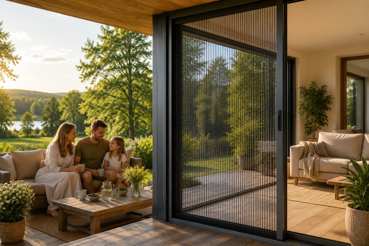 A pleated insect screen on the terrace door of a private house