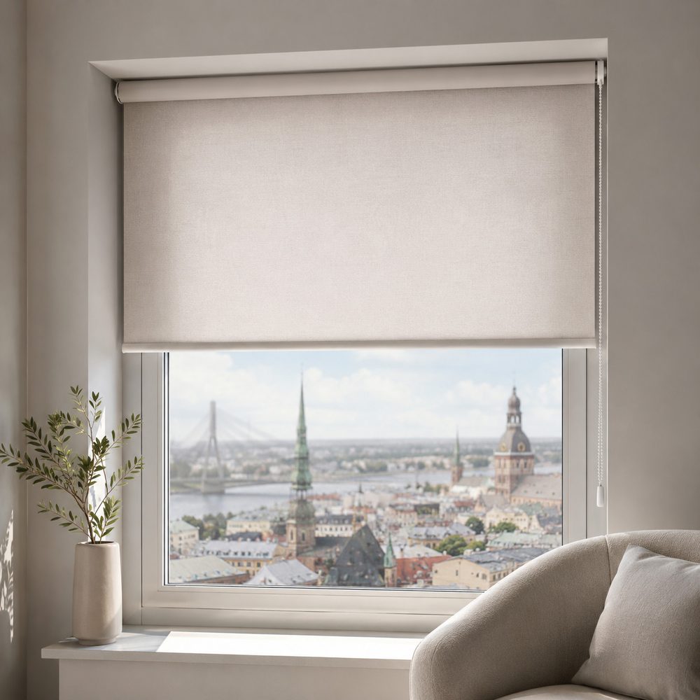 Sauber montiertes Rollo an einem Fenster mit Blick auf Riga — Arbeit eines FENSTORA-Monteurs