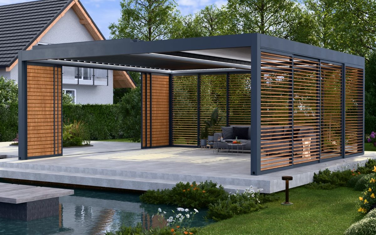 Sunwinner WIN CLIMATIC S500 pergolė su stumdomais ekranais ir medžio skydais terasoje