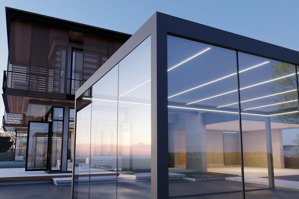 Verglasung einer Pergola mit dem System WIN GLASS — Elemente zusammengeschoben