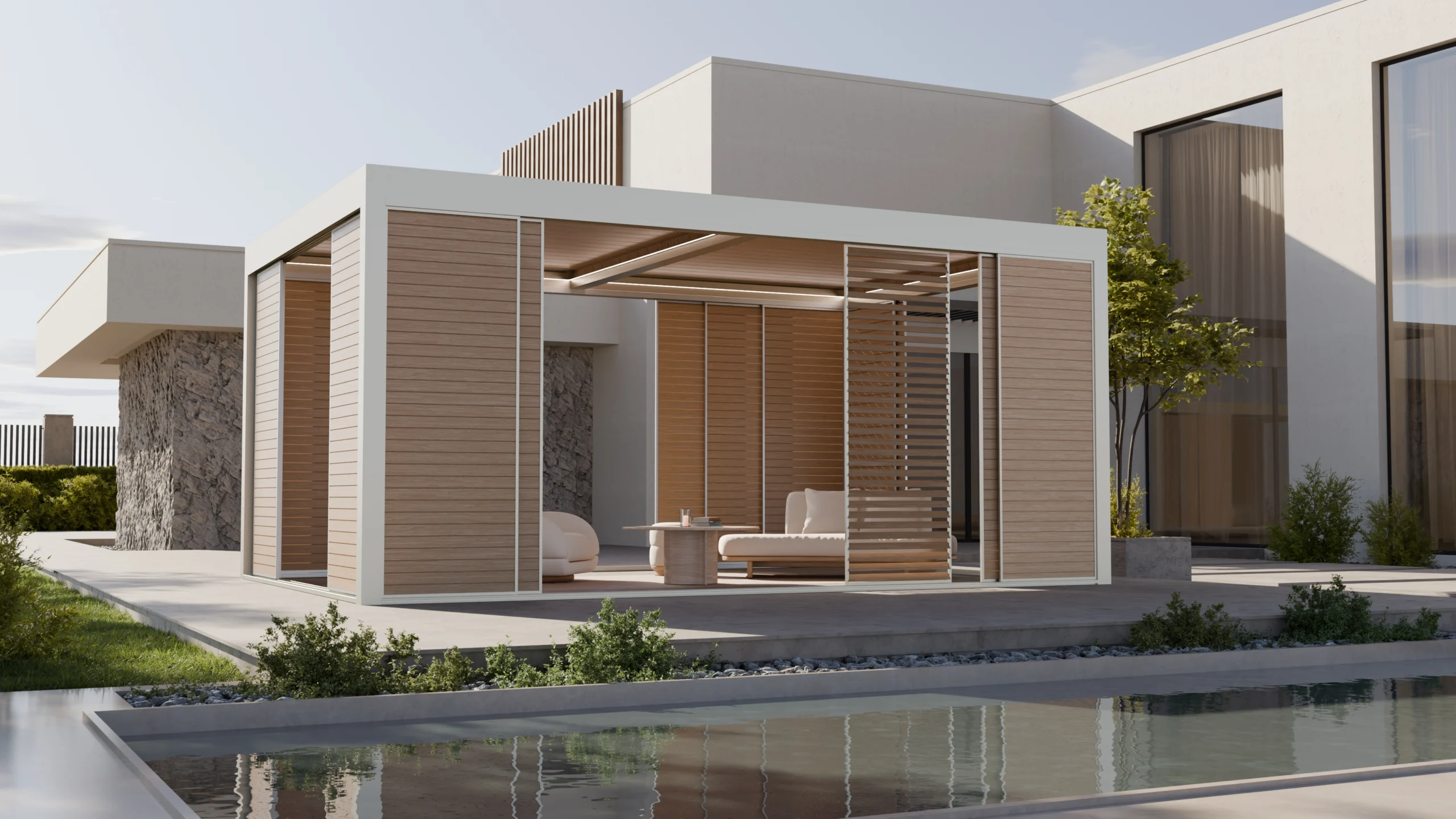 WIN PANELS sliding aluminium panels with rotating louvres on a terrace