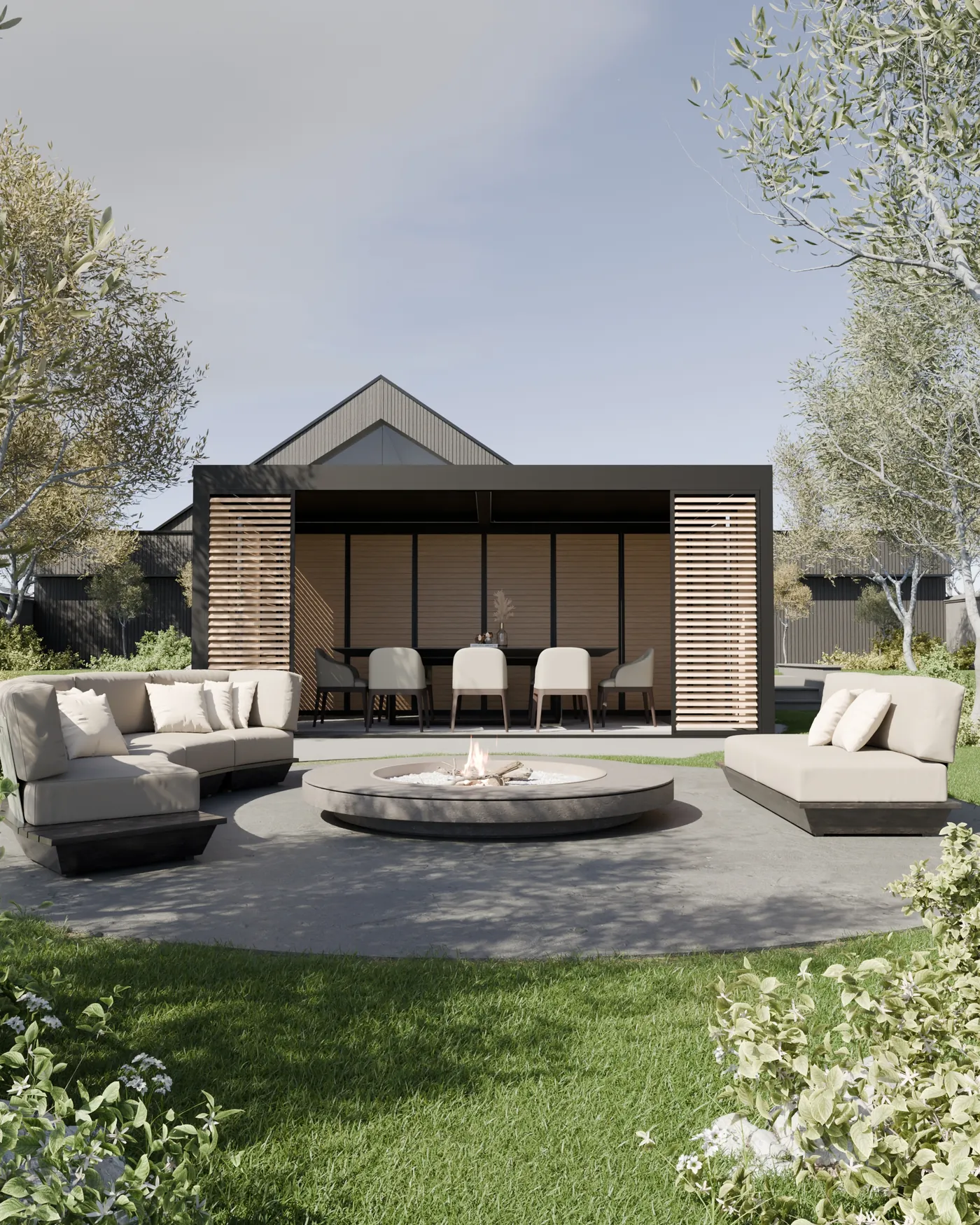A lounge area with a fire pit behind WIN PANELS panels