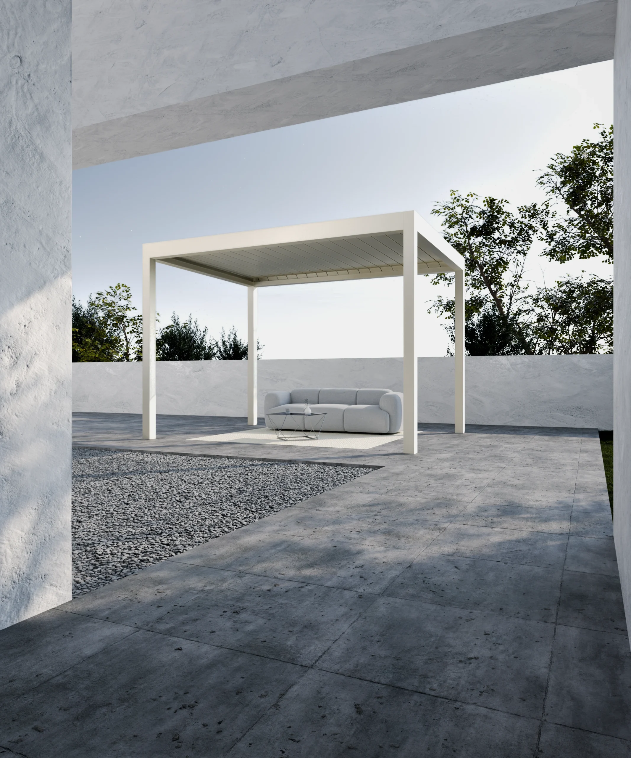 Pergola mit schwenkbaren Lamellen WIN CLIMATIC S400 auf der Terrasse eines Landhauses