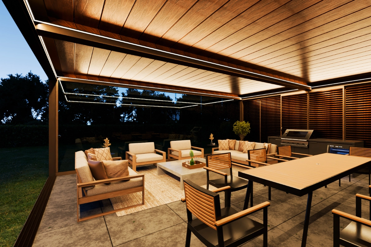 Abendbeleuchtung der Lamellen der Pergola Sunwinner WIN CLIMATIC S400