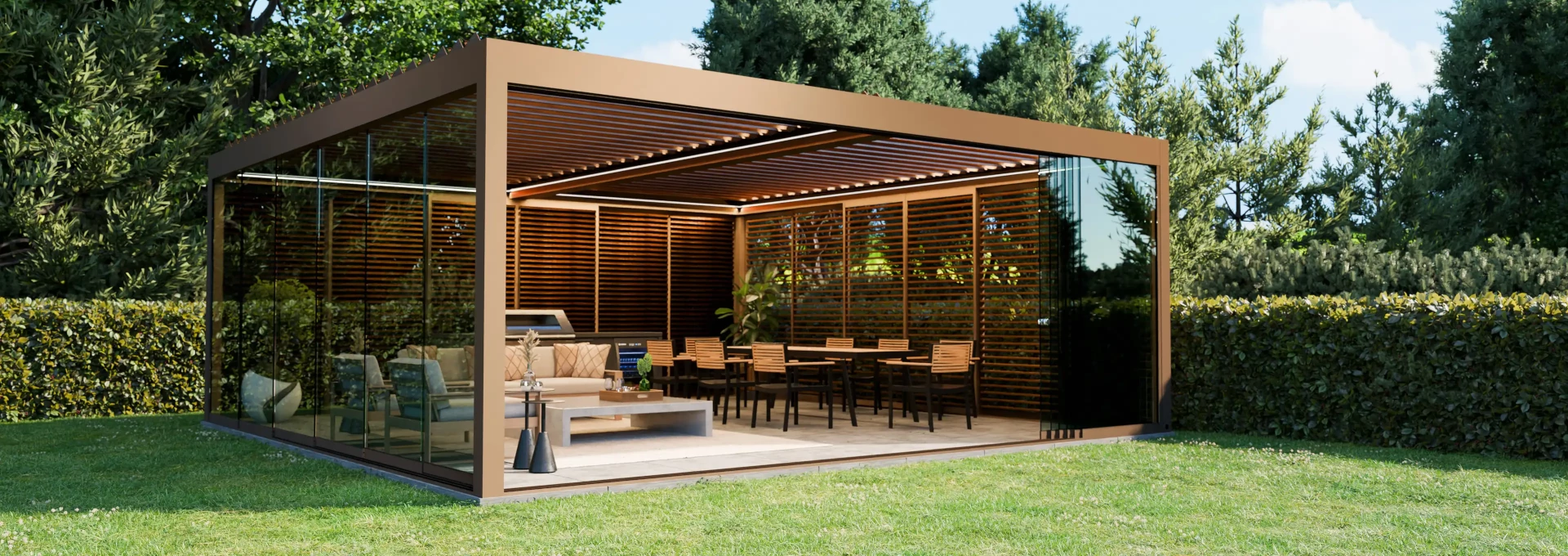 Premium-Lamellenpergola WIN CLIMATIC S500 über einer großen Terrasse
