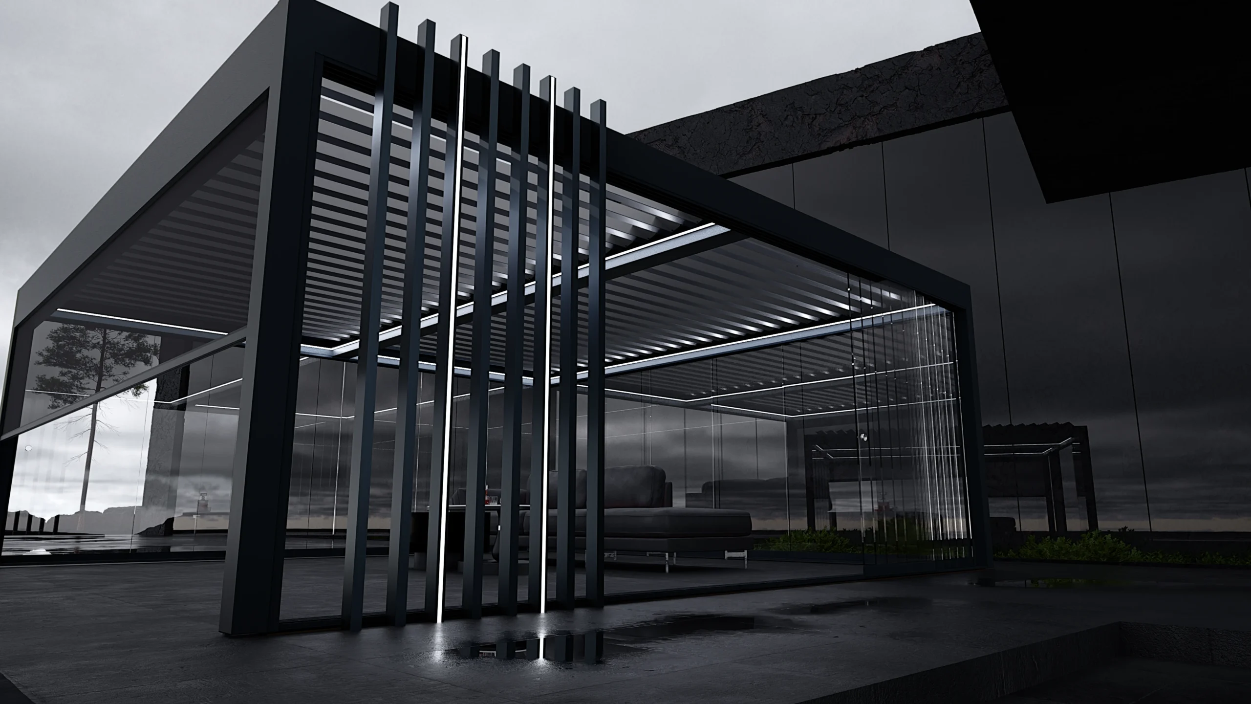 Vertikale Aluminiumlamellen WIN VERTO an einer Pergola WIN CLIMATIC