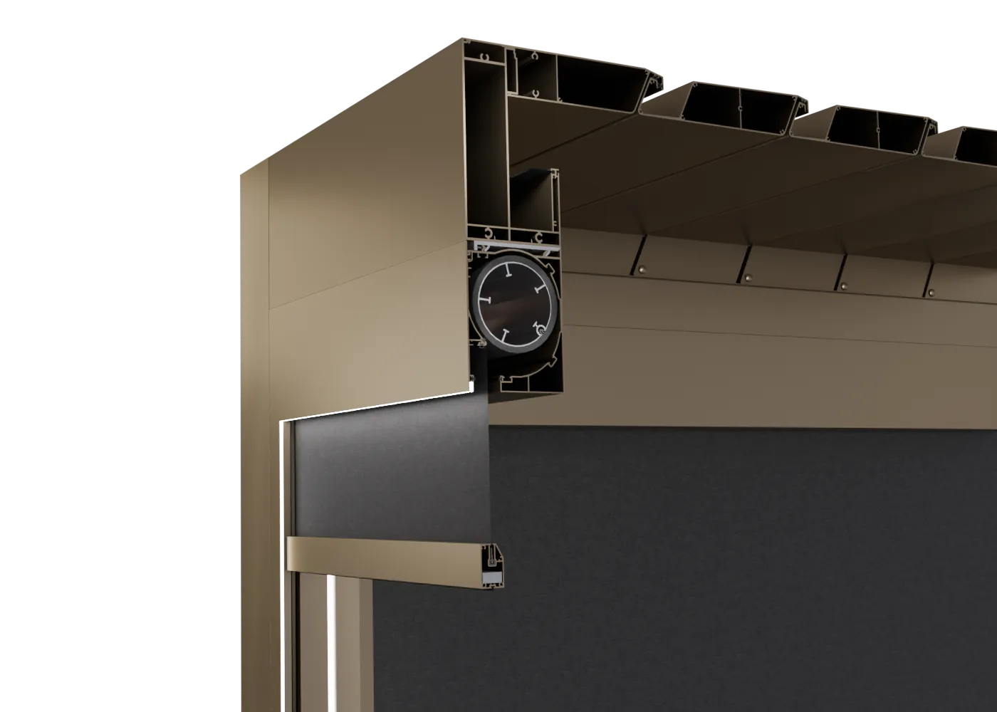 In die Konstruktion der Pergola WIN CLIMATIC integriertes System WIN SCREEN ZIP 130